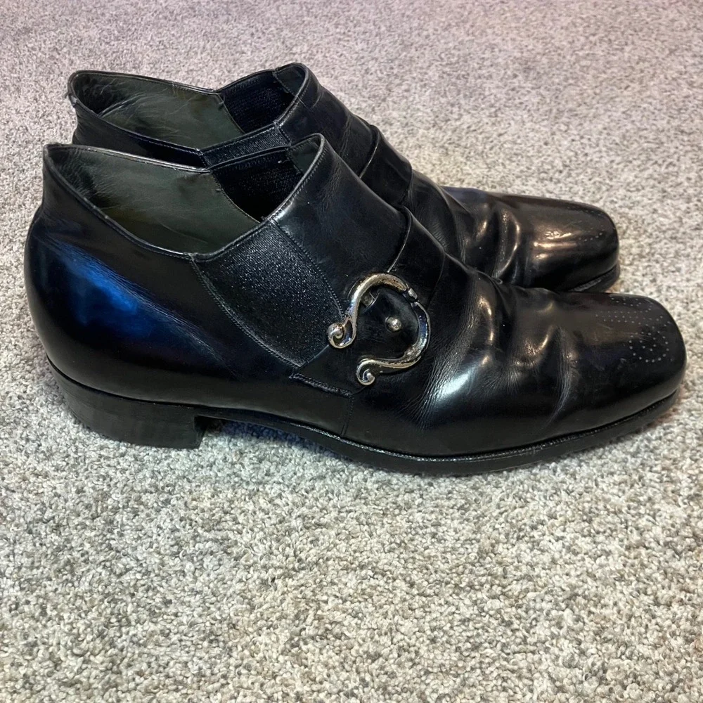 Vintage Men Black Leather Monk Strap Loafers Ornate Buckle Square Toe Size 7.5 D